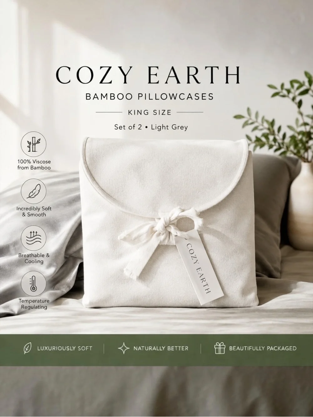 Cozy Earth Bamboo Pillowcases King Light Grey Set of 2 NWT Luxury Bedding